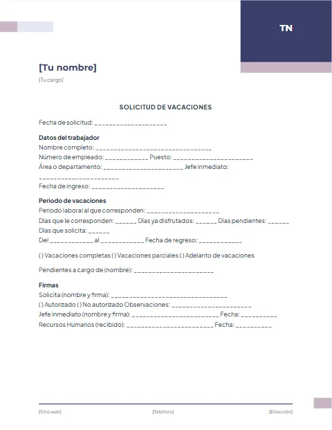 Formato de Solicitud de Vacaciones: diseño Corporativo