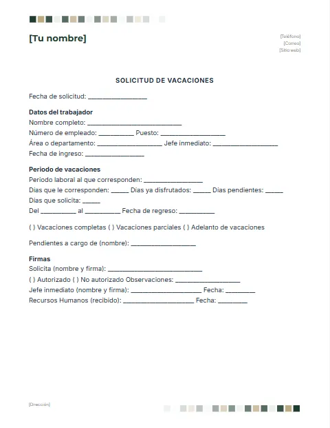 Formato de Solicitud de Vacaciones: diseño Cuadros