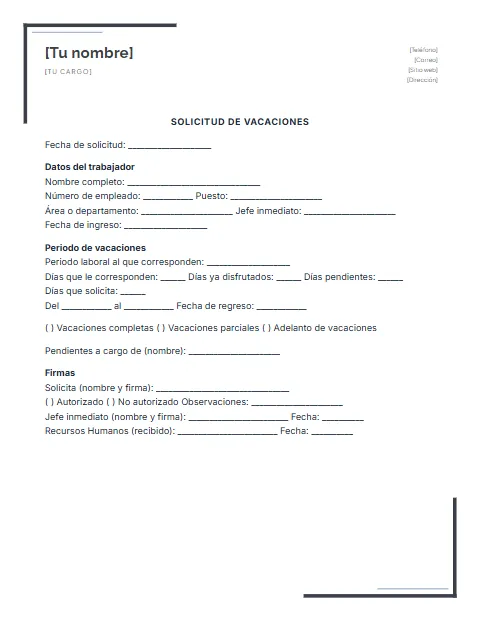 Formato de Solicitud de Vacaciones: diseño Escuadras