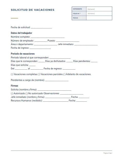 Formato de Solicitud de Vacaciones: diseño Expediente