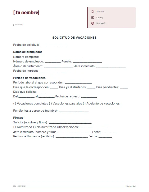 Formato de Solicitud de Vacaciones: diseño Ficha de datos