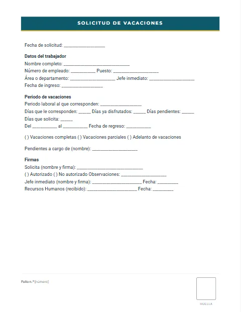 Formato de Solicitud de Vacaciones: diseño Formato con huella