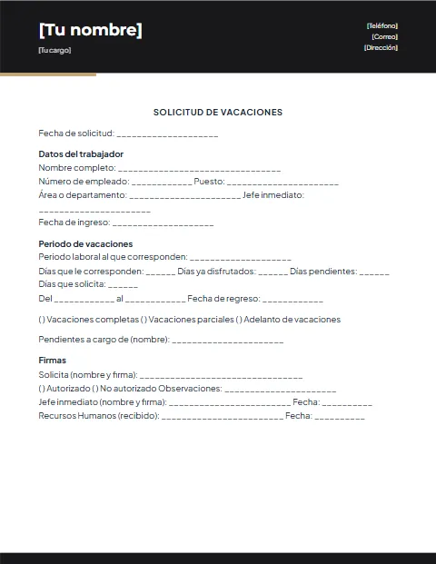 Formato de Solicitud de Vacaciones: diseño Moderno