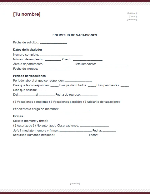 Formato de Solicitud de Vacaciones: diseño Rayas