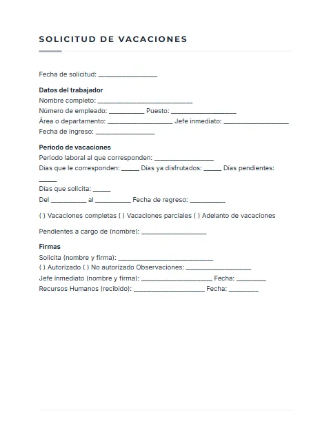 Formato de Solicitud de Vacaciones: diseño Sobrio