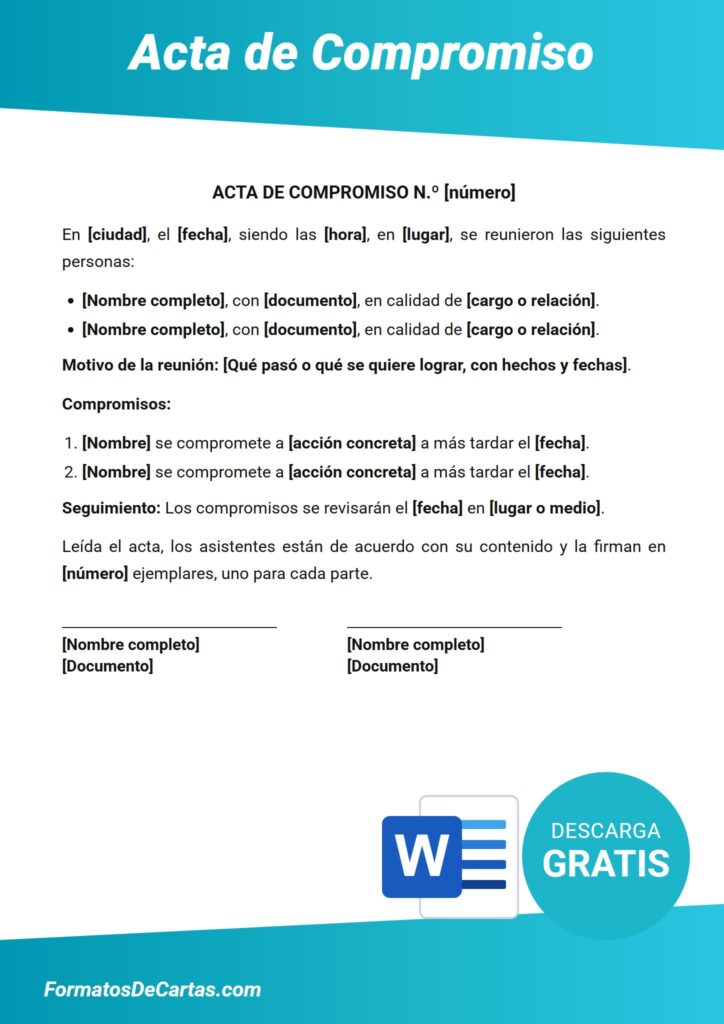 Formato de acta de compromiso para descargar en Word
